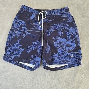 Nautica Swim Trunks Men Medium Blue  Hawaiian‎ Tropical Liner Floral Swimwear